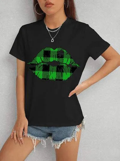 Plaid Lip Graphic Round Neck T-Shirt Black Women's T-Shirts - Tophatter Daily Deals
